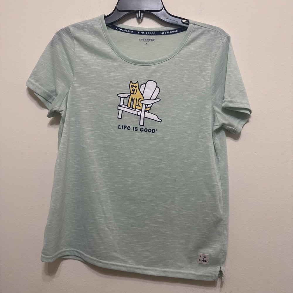 Life Is Good Sleep Shirt Women's S Green Dog Adirondack Chair Short Sleeve EUC